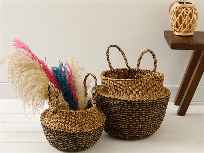 Natural Coș, Paie, 23*33*25Cm, Bej - Albastru Închis