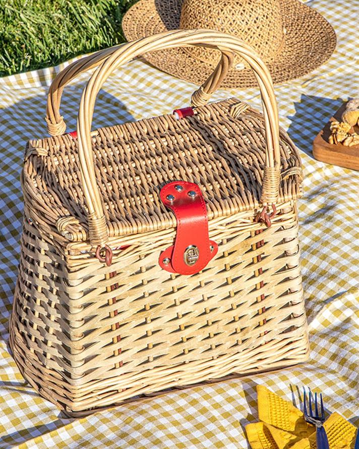 Natural Day Straw Picnic Basket 31x26x25 cm Red-Beige