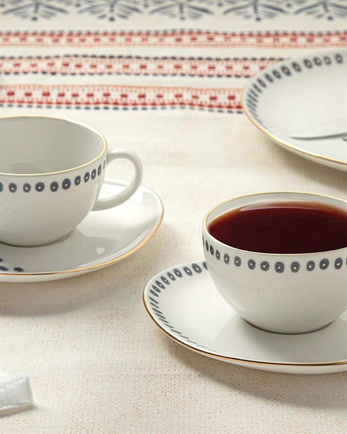 Navy Dots Set De Cești De Ceai 4 Bucăți Pentru 2 Persoane, Porțelan, 200 Ml, Bej - Albastru