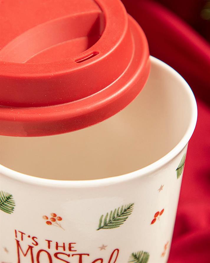 New Year Joy New Bone China Silicone Lid Travel Mug 400 ml Red-White
