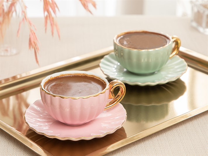 Nina New Bone 4 Parça 2 Kişilik Coffee Cup Set 90 ml Green-Pink