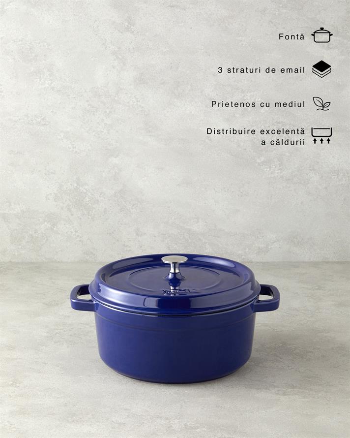 Oala cu capac, Hecha, fonta, 24 cm, bleu