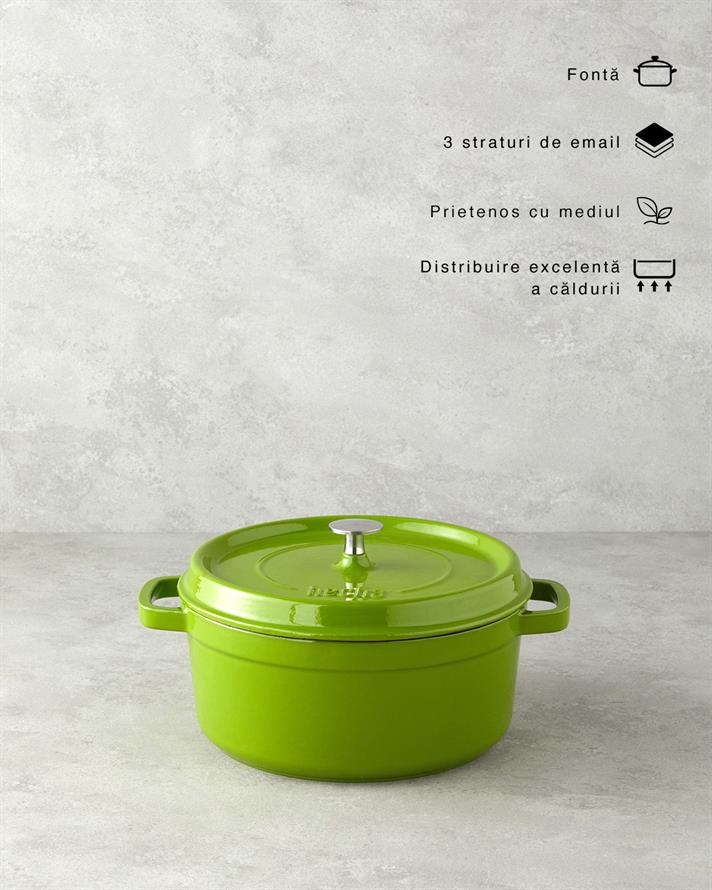 Oala cu capac, Hecha, fonta, 24 cm, verde
