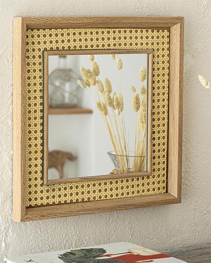 Oglindă de perete, Hazeran, plastic-mdf-rattan, 40x40 cm, maro