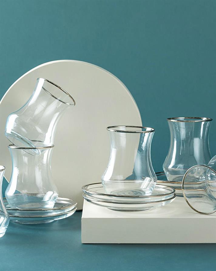 Set 6 pahare de ceai cu farfurie, Oslo, sticlă, 170 ml, argintiu