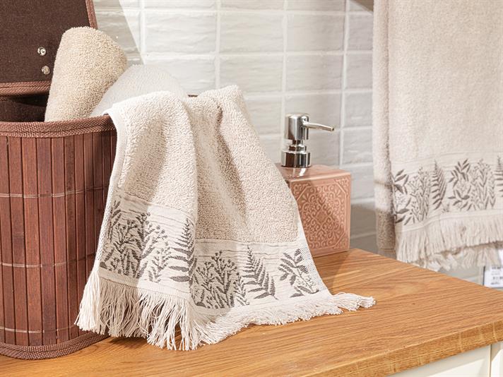 Pădure Bordürü Jakarlı Prosop De Mâını 30*45 Cm Bej.