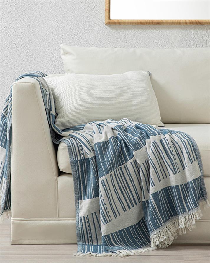 Pătură decorativă pentru fotoliu sau canapea, Delmor, bumbac reciclat, 130x170 cm, bleumarin