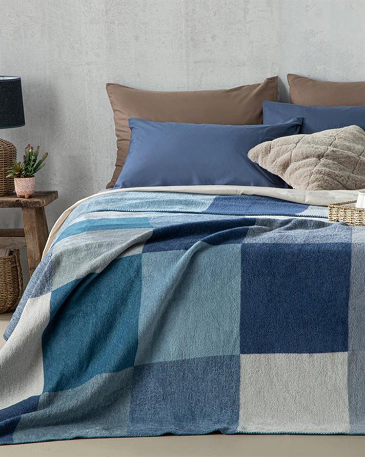 Pătură, pentru două persoane, Block, bumbac, 200x220 cm, bleumarin- bleu