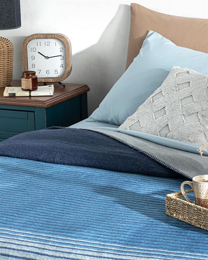 Pătură, pentru două persoane, Blurred Lines, bumbac, 220x240 cm, bleu - bej