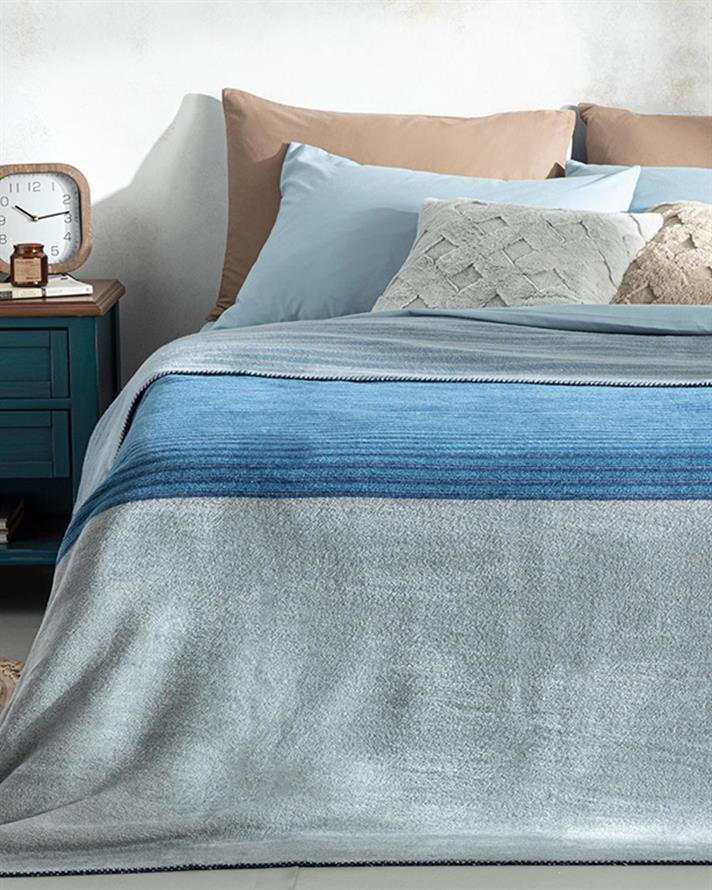 Pătură, pentru două persoane, Blurred Lines, bumbac, 220x240 cm, bleu - bej