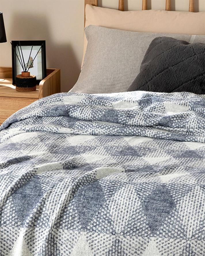 Pătură, pentru două persoane, Diamond Check, bumbac, 180x220 cm, bleumarin