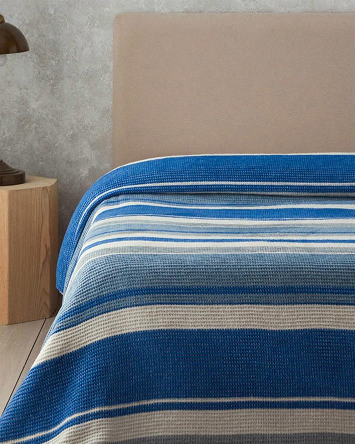 Pătură, pentru două persoane, Striped, bumbac-poliester, 180x220 cm, bleu