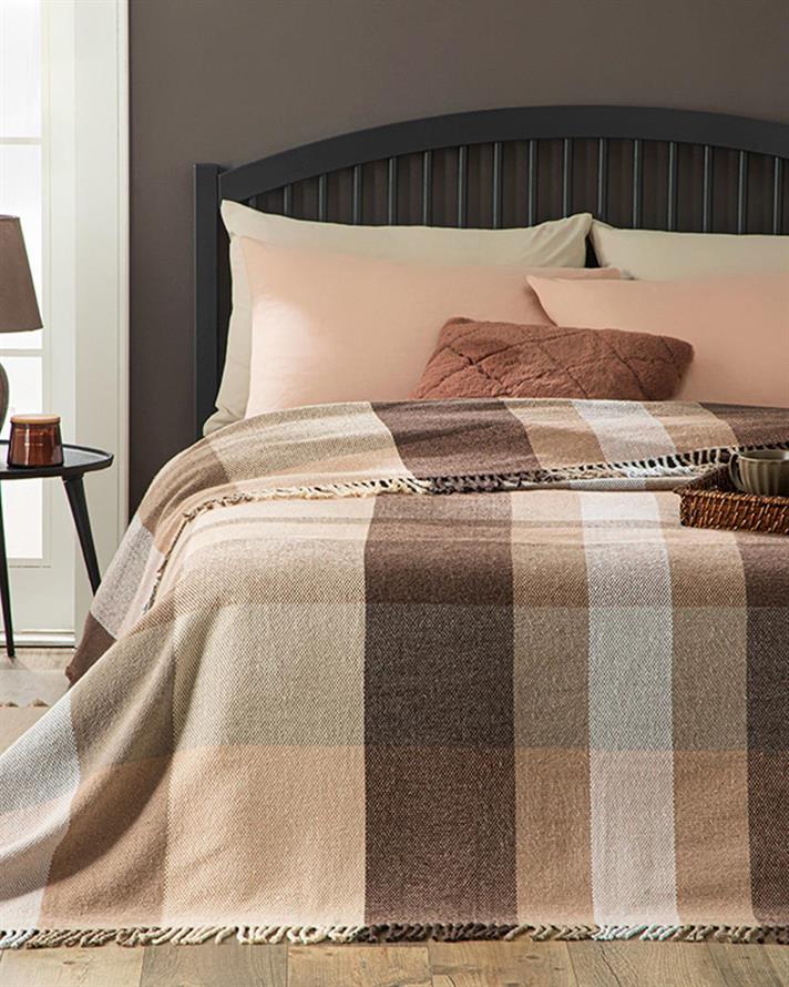 Pătură, pentru o persoană, Madras Check, bumbac, 150x200 cm, maro-bej