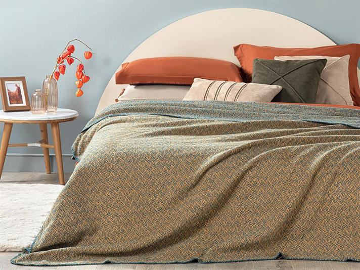 Pătură, pentru o persoană, Zigzag, bumbac, 150x200 cm, galben-muștar-albastru închis