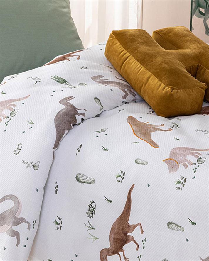 Pătură subtire de vară pentru copii, Dinazor, 150x200 cm, bumbac-poliester, bej