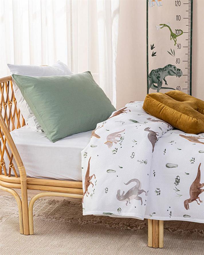 Pătură subtire de vară pentru copii, Dinazor, 150x200 cm, bumbac-poliester, bej