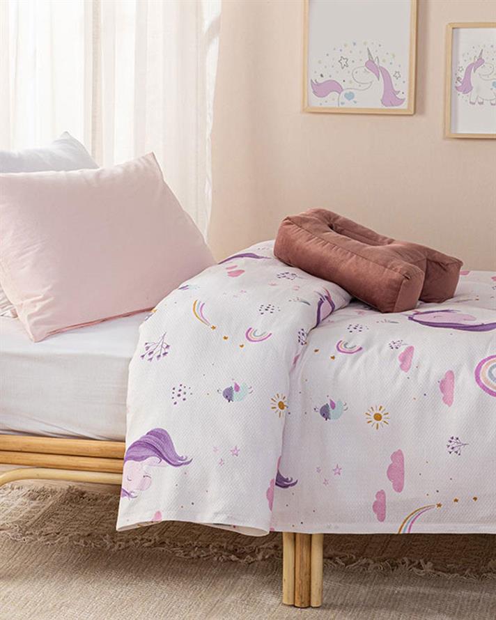 Pătură subtire de vară pentru copii, Unicorn, 150x200 cm, bumbac-poliester, roz