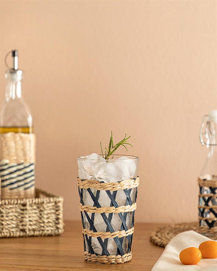 Pahar cocktail, Stripe Wicker, sticlă, 470 ml, bleumarin