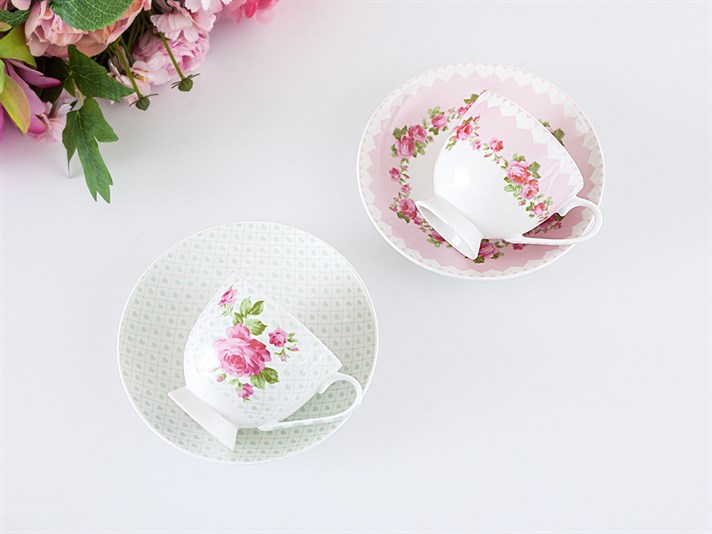 Pastel Lovers Bone China 4 Pieces 2 Servings Tea Cup 210 ml Pink