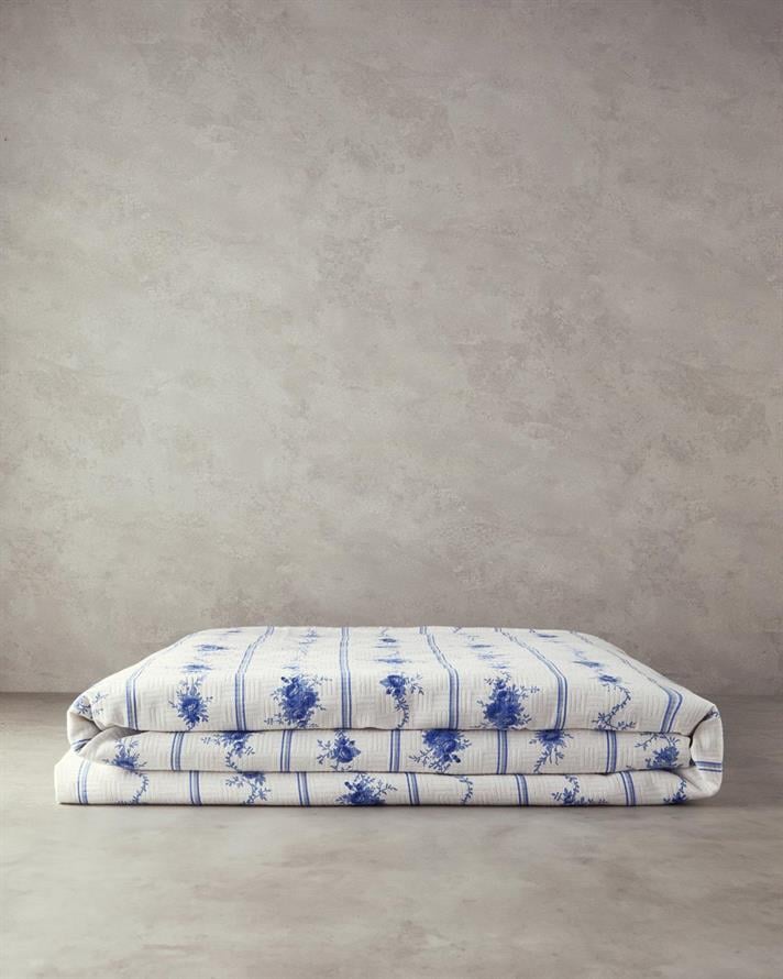 Patura subtire King Size, Flower Line, bumbac, 240x220 cm, bleu