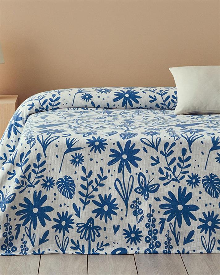 Patura subtire King Size, Folk Garden, bumbac, 240x220 cm, bleu