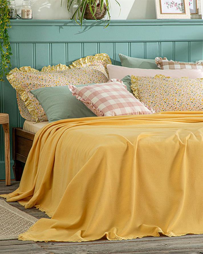 Patura subtire pentru doua persoane, Elegancy, bumbac-viscoza-poliester, 200x220 cm, galben