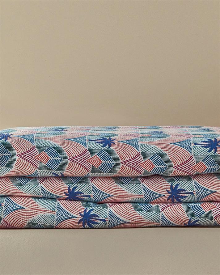 Patura subtire pentru doua persoane, Tropical Palm, bumbac, 200x220 cm, bleu