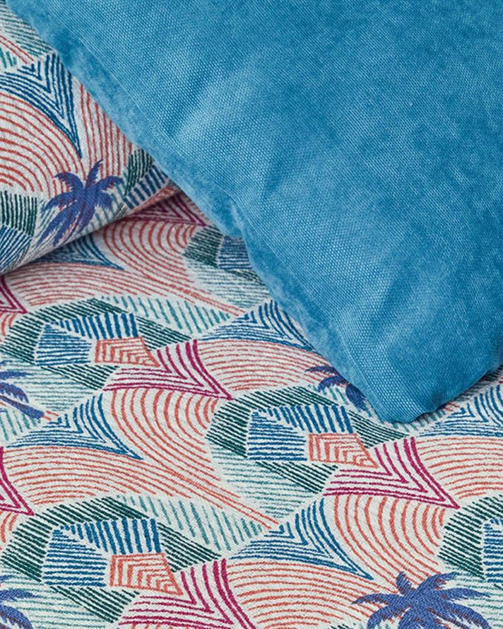 Patura subtire pentru doua persoane, Tropical Palm, bumbac, 200x220 cm, bleu