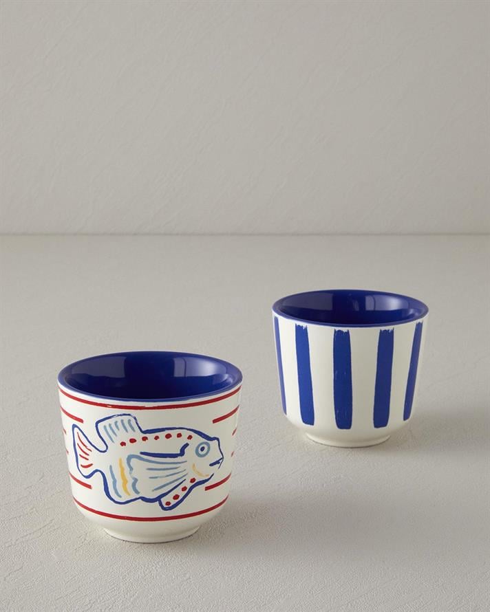 Set 2 pahare, Blue Fish, gresie ceramica, 270 ml, albastru