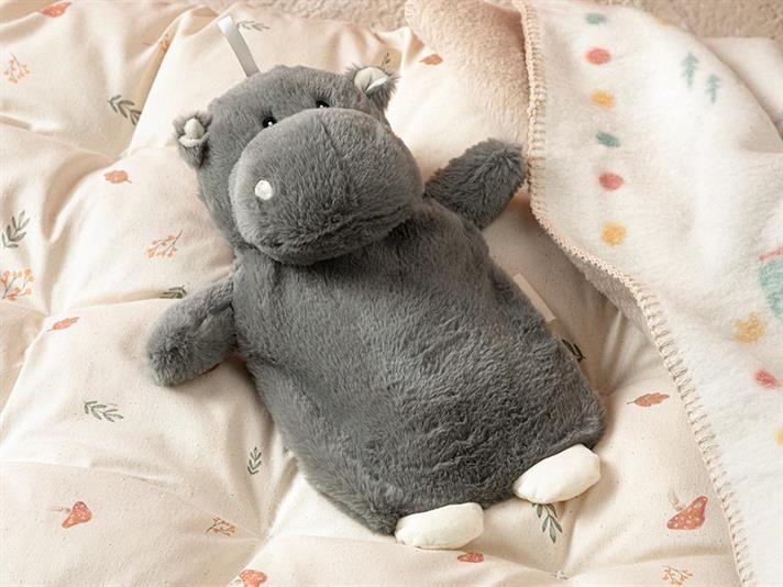 Pernă pentru apă caldă de copii, Hipopotam, 750 ml, poliester, gri