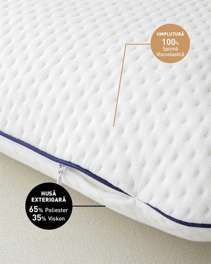 Pernă, Sensitive, poliester cu umplutură de de burete visco-elastic, 60x40x16 cm, alb