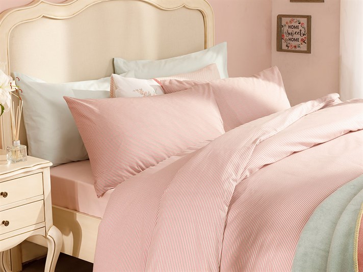 Petit Stripe Cu Bumbac Single Set Lenjerie De Pat 160x220 cm Roz - Gri