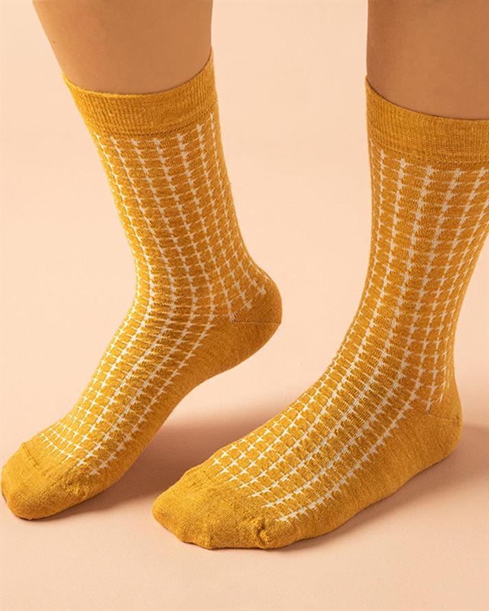 Plaid Wool Women Long Length Sock 36-40 Mustard