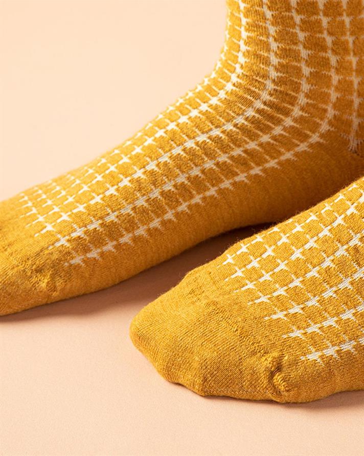 Plaid Wool Women Long Length Sock 36-40 Mustard