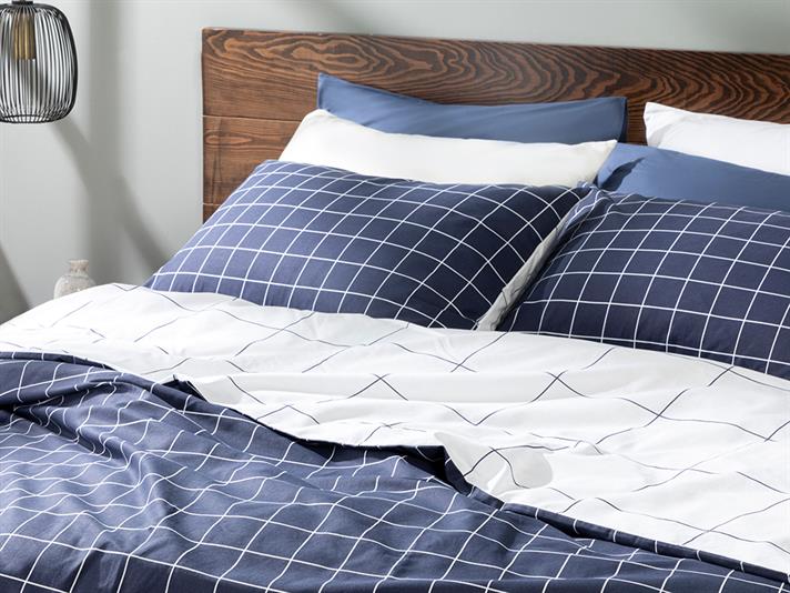 Plain Check Cu Bumbac Super King Set Lenjerie De Pat 260x220 cm Bleumarin