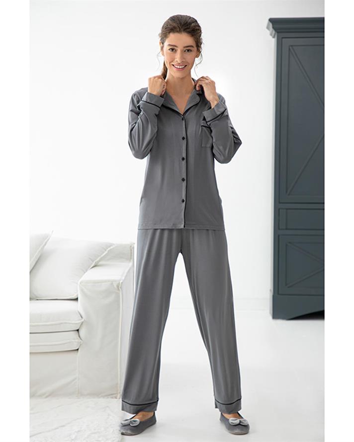 Plain Set De Pijamale Damă, Viscoză, L, Gri Închis