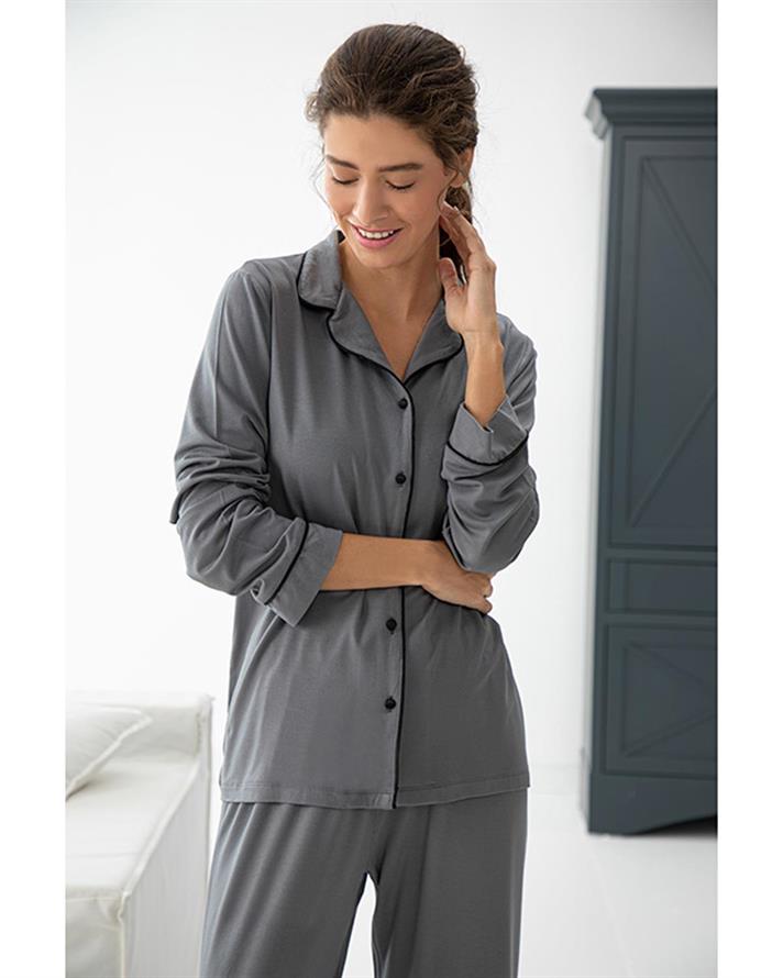 Plain Set De Pijamale Damă, Viscoză, L, Gri Închis