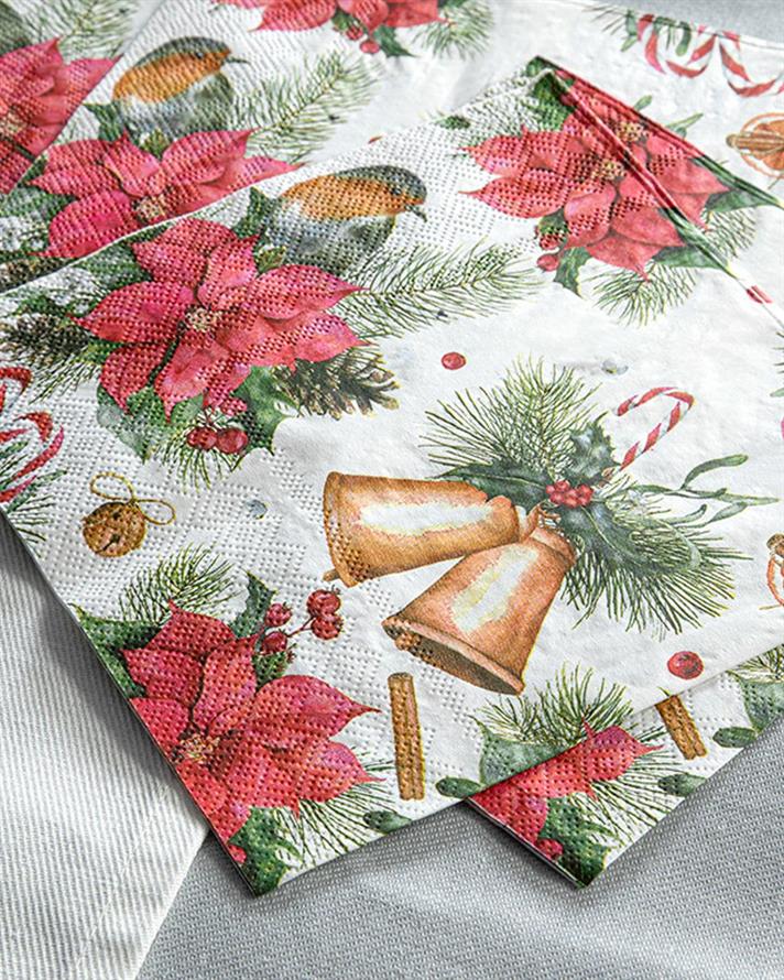 Poinsettia and Bells Paper 20 Set Tissue Napkin 33x33 cm Red