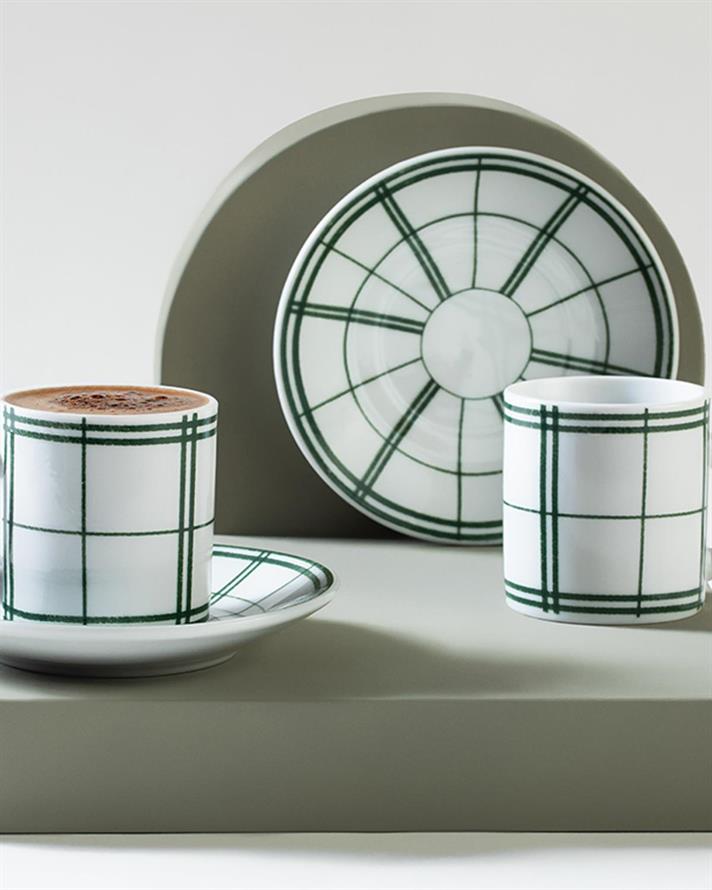 Set 2 cești de cafea cu farfurie, porțelan, 80 ml, verde