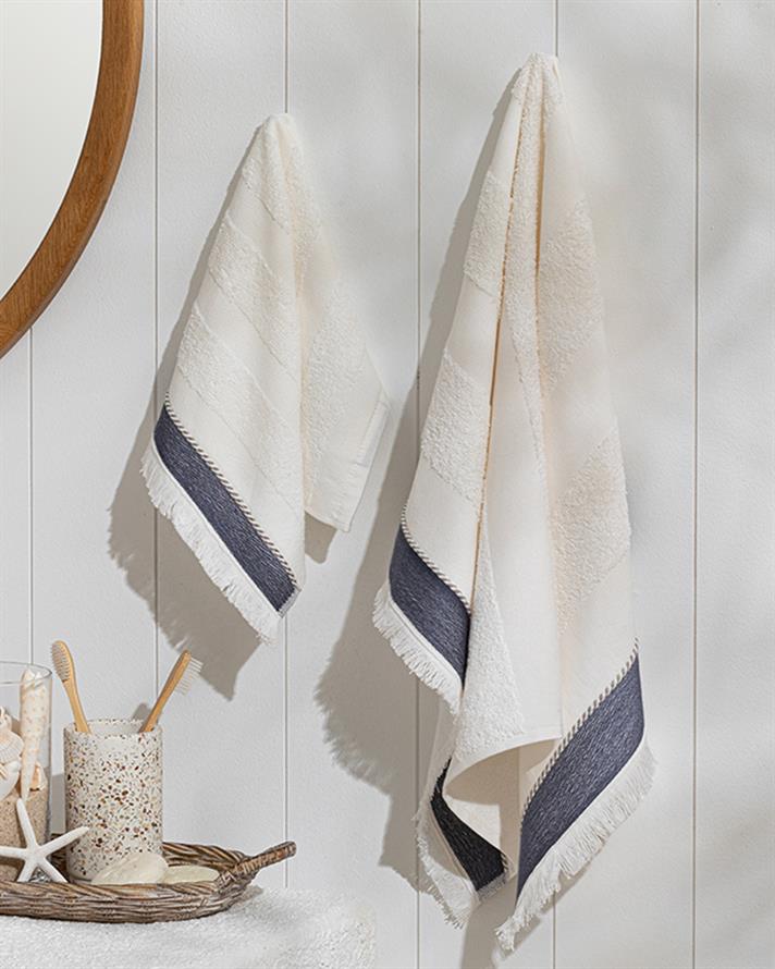 Lucina Cottony fringed Hand Towel 30x40 cm Ekru-Lacivert