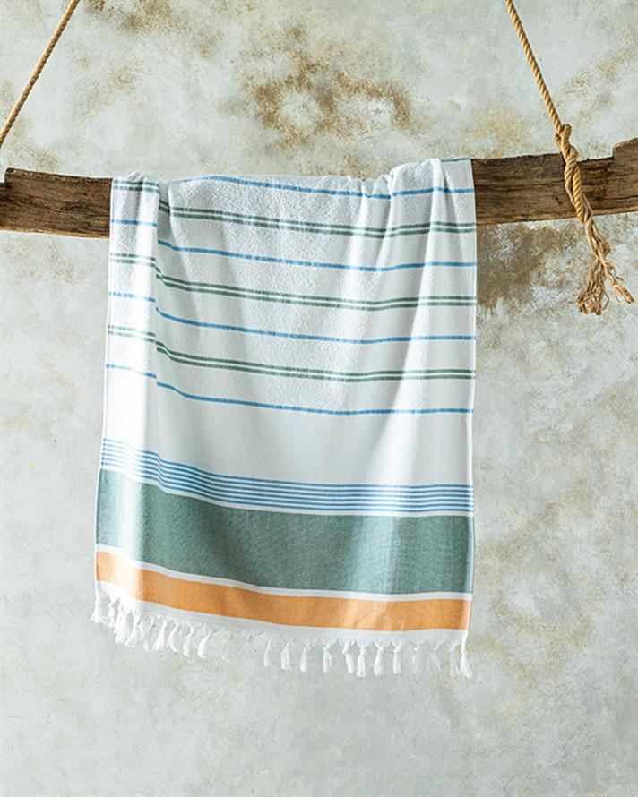 Prosop de plajă, Nossa, bumbac-poliester, 75x150 cm, ecru-verde-galben