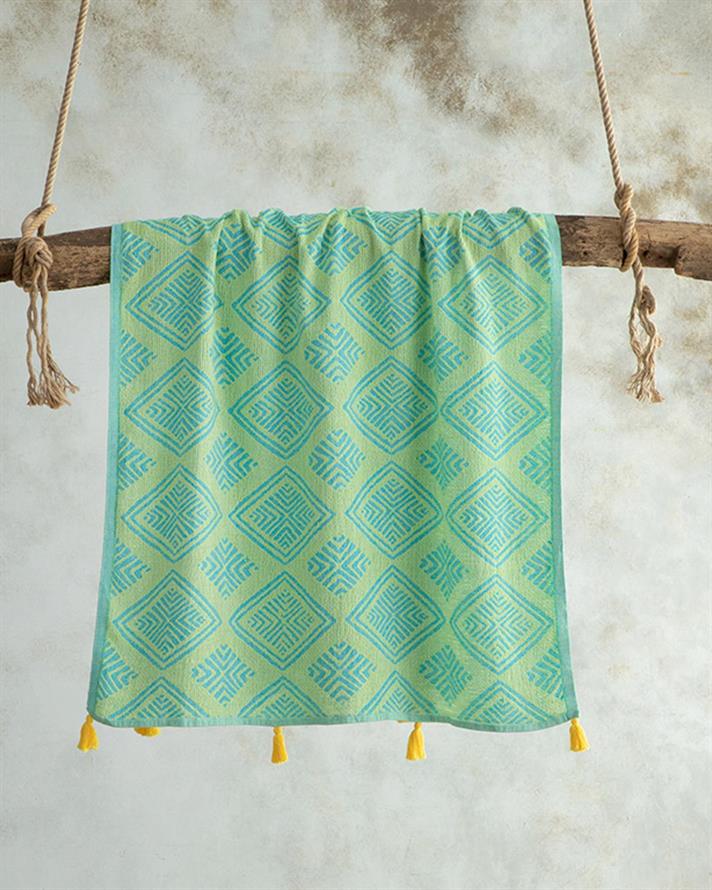 Prosop de plajă turcesc cu uscare rapidă, Maldiv, bumbac, 90x150 cm, verde-bleu