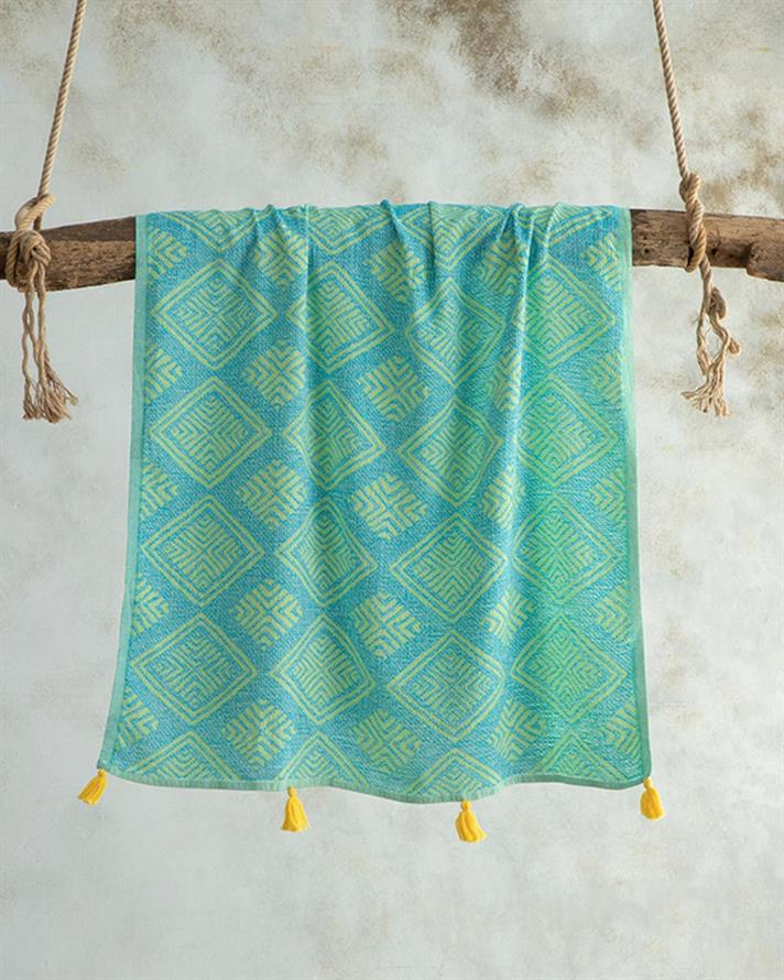 Prosop de plajă turcesc cu uscare rapidă, Maldiv, bumbac, 90x150 cm, verde-bleu