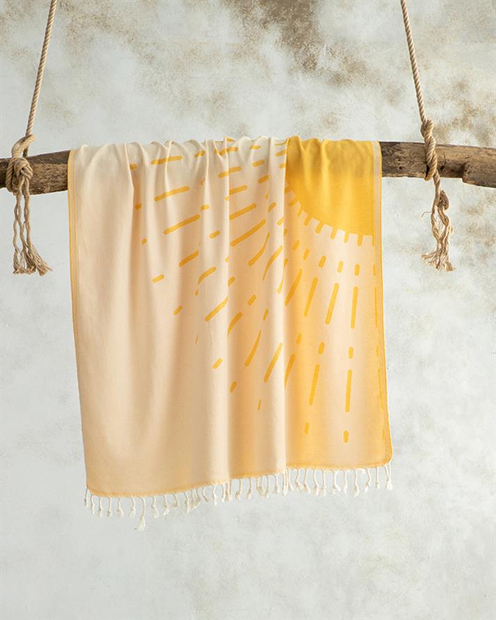Prosop de plajă turcesc cu uscare rapidă, Pamuklu, bumbac, 90x150 cm, galben-bej