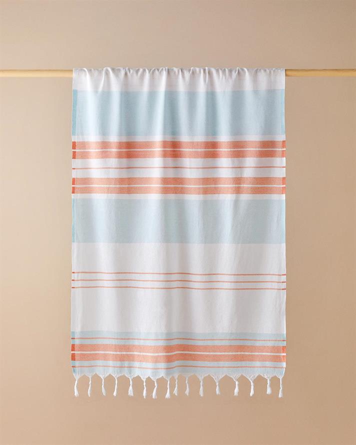 Prosop de plajă turcesc cu uscare rapidă, Dolly, bumbac reciclat, 90x150 cm, bleu-portocaliu