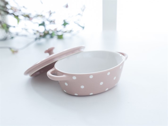 Dots Stoneware round shaped, lidded Oven Cover Beige