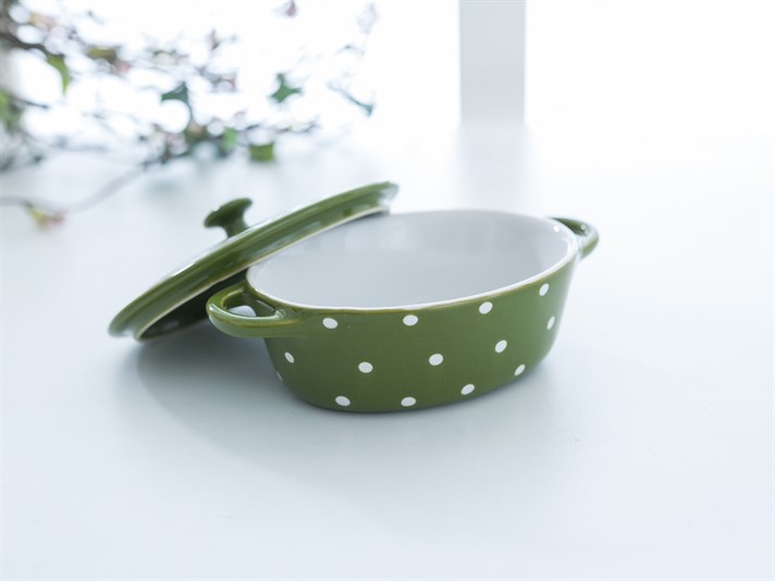 Dots Stoneware round shaped, lidded Oven Cover LightGreen