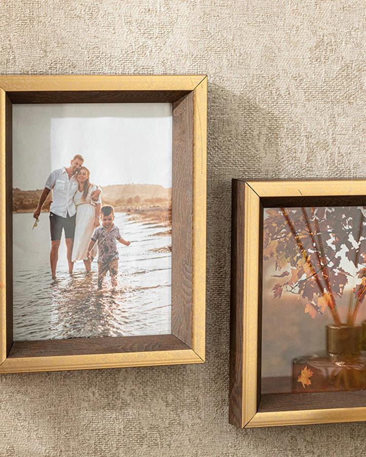 Ramă foto, Glamour, plastic-mdf-rattan, 13x18 cm, maro – auriu