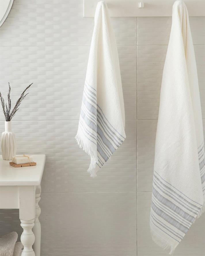 Retro Cu Dungi 2 Set Set Prosoape De Baıe 50*85Cm + 70*150Cm Ecru - Albastru.