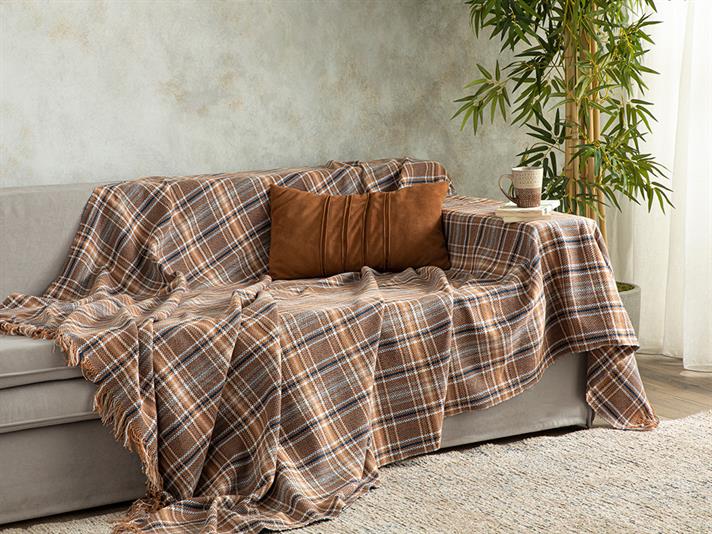 Pătură decorativă pentru fotoliu sau canapea, Rita, bumbac-bumbac reciclat, 170x250 cm, maro